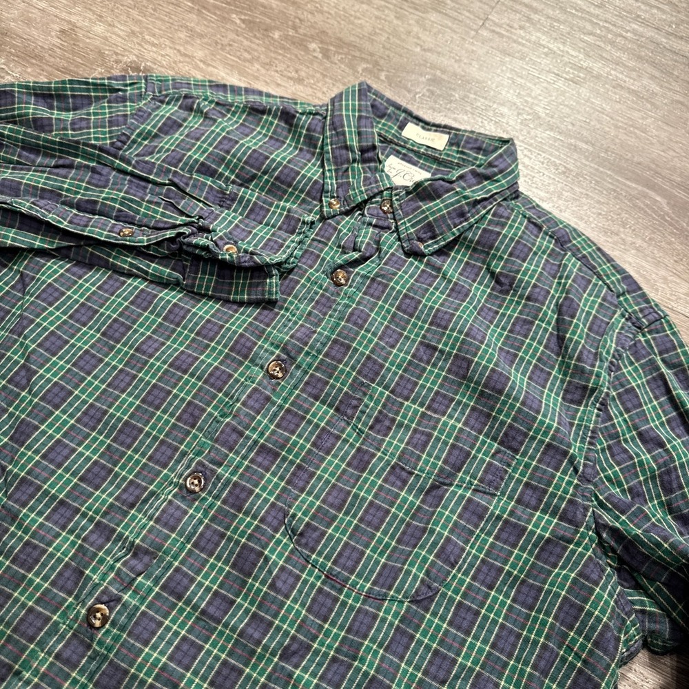 J Crew Shirt Mens Medium Blue Green Plaid Rushed Twill Cotton Button Up Classic